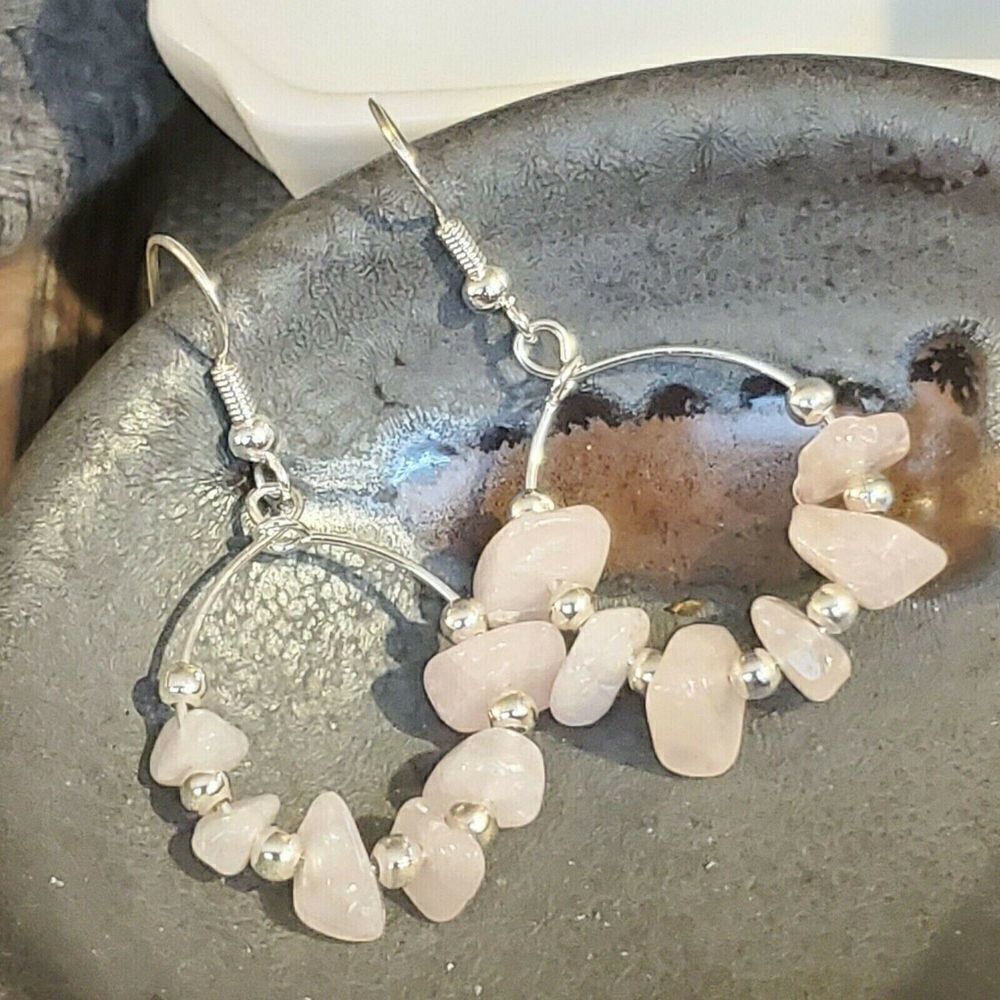 Handcrafted Baroque Rose Quartz Gemstone Sterling Silver Plated Hoop Earrings